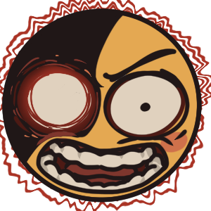 an emoji face pictured vibrating with rage and screaming, half of their face concealed in darkness while one eye glows white hot. it has a yellow skintone